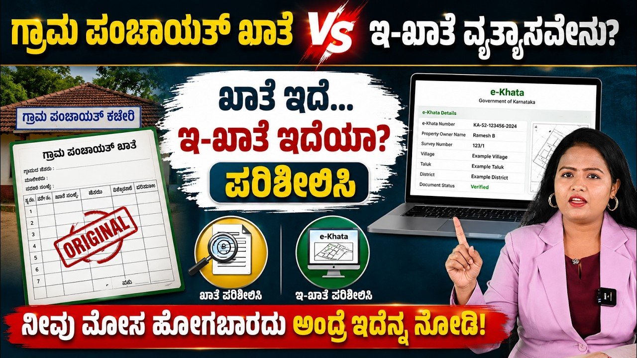 Read more about the article ಗ್ರಾಮ ಪಂಚಾಯತ್ ಖಾತೆ VS ಇ-ಖಾತೆ: ಯಾವುದು ಮುಖ್ಯ? ಆಸ್ತಿ ಖರೀದಿಸುವ ಮುನ್ನ ತಿಳಿಯಬೇಕಾದ ಮಾಹಿತಿ